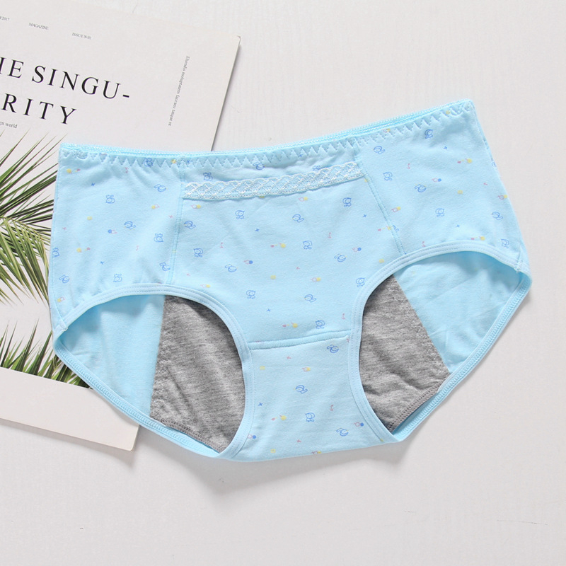 Medvilninės moteriškos menstruacijoms kelnaitės su trim sluoksnių nepralaidžia apsauga nuo pratekėjimo, gyvūnų raštas, vidutinio aukščio liemuo, greitai džiūva