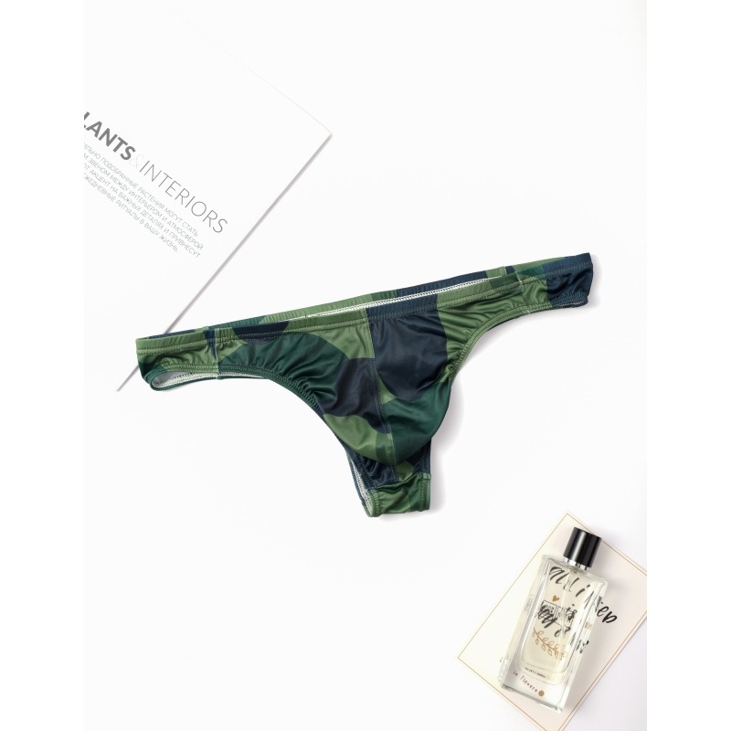 G-string pentru bărbați, talie joasă, poliester respirabil, camuflaj, țesătură tricotată