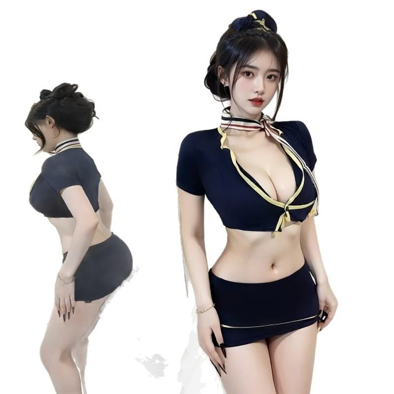 Sexy σετ εσωρούχων – cosplay ενδυμασία για αεροσυνοδό, νυχτερινή πιτζάμα, λεπτό πολυεστερικό ύφασμα (101-120 g/m2), 95-100% πολυεστέρας, στυλ: σετ, άνοιξη 2025