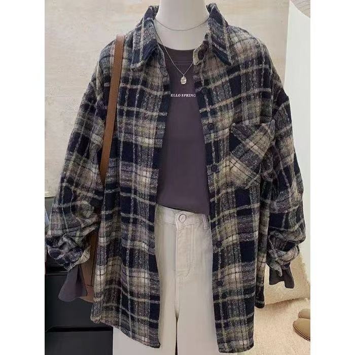 Cămașă-jachetă din poliester, guler polo, mâneci lungi, croială lejeră, stil imitativ de set două piese