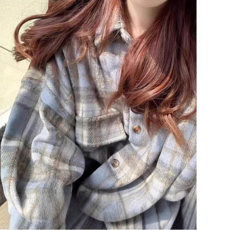 Cămașă-jachetă din poliester, guler polo, mâneci lungi, croială lejeră, stil imitativ de set două piese