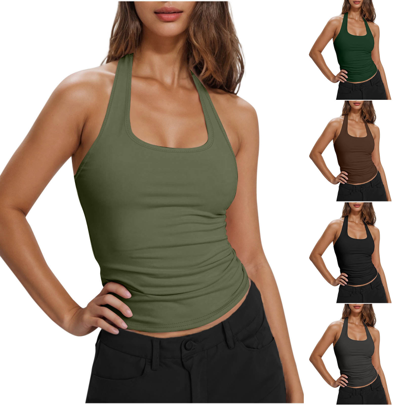 Top sport femei fără mâneci cu gât halter – Slim Fit, Lungime 50–65 cm, Poliester, Elasticitate înaltă