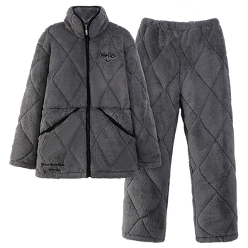 Muški set pidžama s stojećim ovratnikom, trostruko pamučno punjenje, kardigan-stil, dugi rukav i dugačke hlače, super debeli materijal 301-350 g/m², 100% poliester.