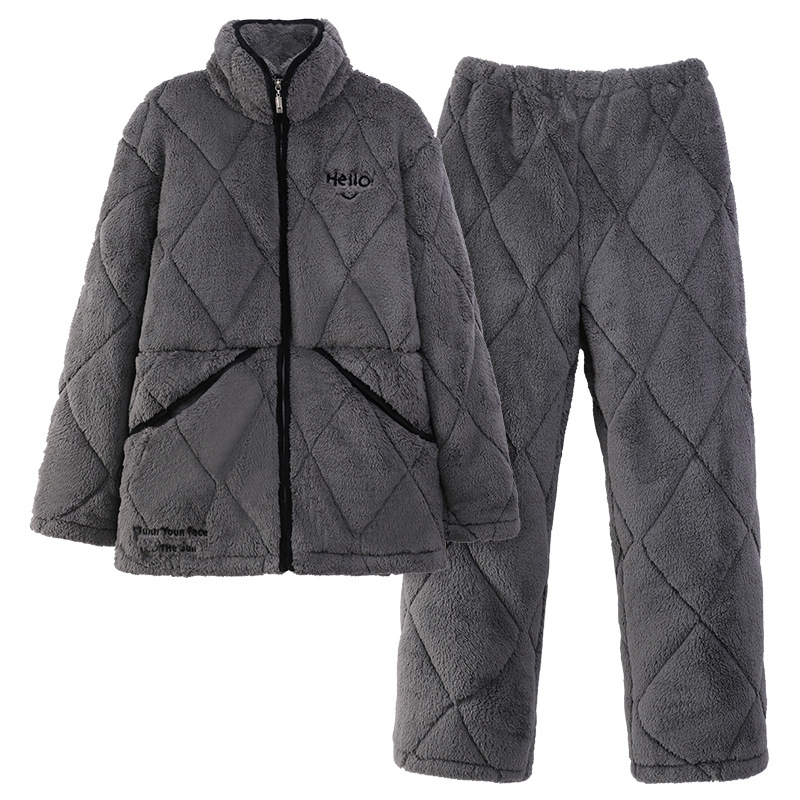 Muški set pidžama s stojećim ovratnikom, trostruko pamučno punjenje, kardigan-stil, dugi rukav i dugačke hlače, super debeli materijal 301-350 g/m², 100% poliester.