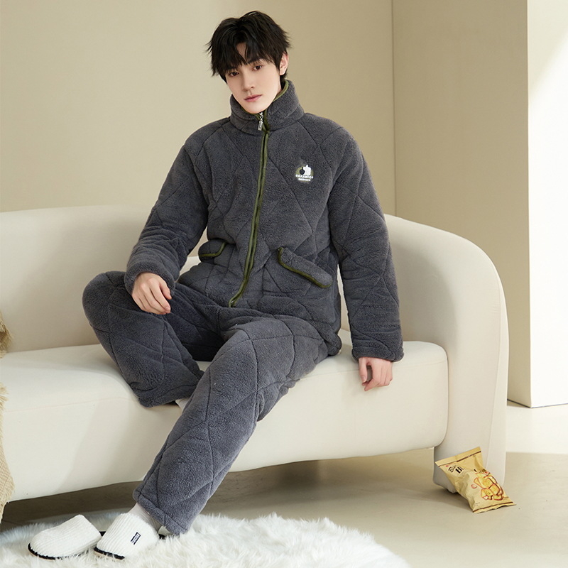 Muški set pidžama s stojećim ovratnikom, trostruko pamučno punjenje, kardigan-stil, dugi rukav i dugačke hlače, super debeli materijal 301-350 g/m², 100% poliester.