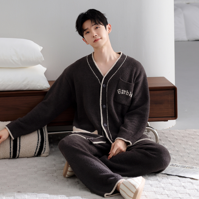 Set pijama bărbați, 100% poliester, cardigan cu decolteu în V + pantaloni, mâneci lungi, grosimea 251–300 g/m2, pentru toamnă-iarnă, purtare acasă