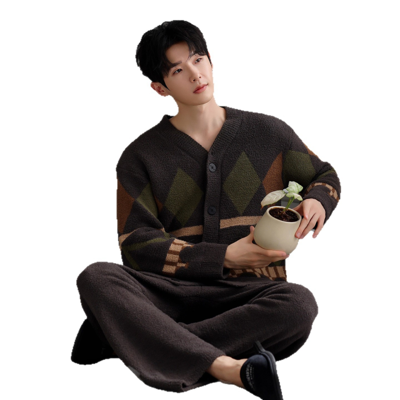 Set pijama bărbați, 100% poliester, cardigan cu decolteu în V + pantaloni, mâneci lungi, grosimea 251–300 g/m2, pentru toamnă-iarnă, purtare acasă