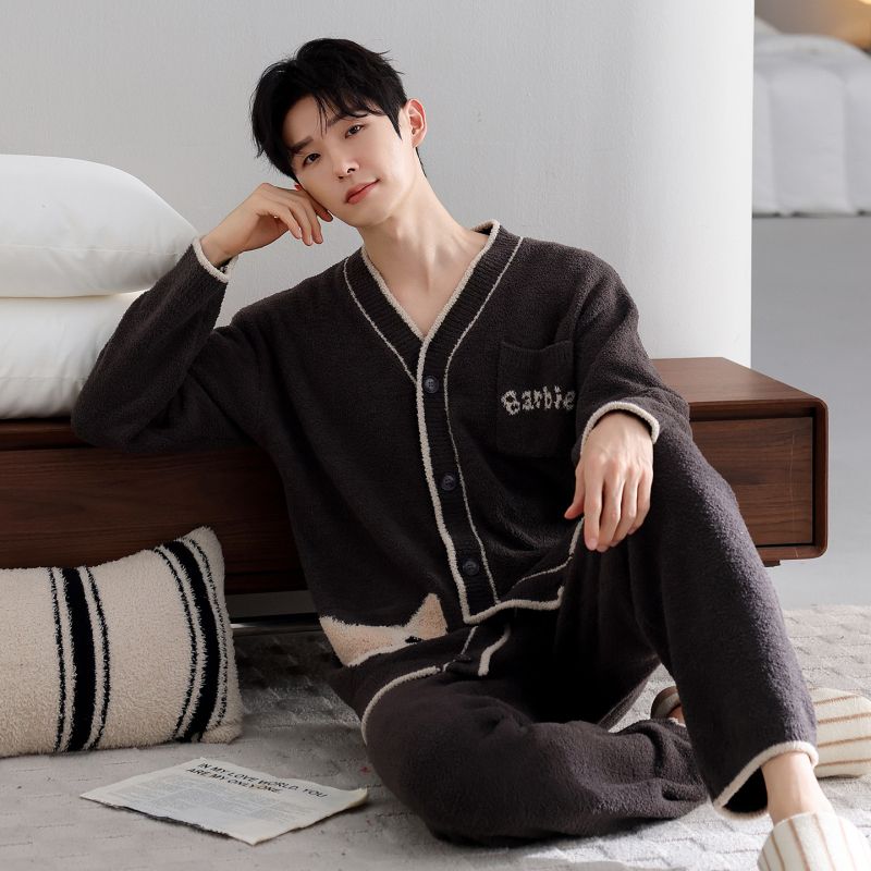 Set pijama bărbați, 100% poliester, cardigan cu decolteu în V + pantaloni, mâneci lungi, grosimea 251–300 g/m2, pentru toamnă-iarnă, purtare acasă