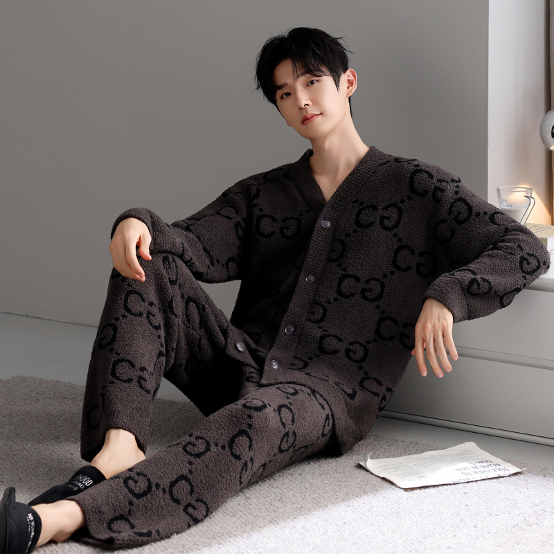 Set pijama bărbați, 100% poliester, cardigan cu decolteu în V + pantaloni, mâneci lungi, grosimea 251–300 g/m2, pentru toamnă-iarnă, purtare acasă