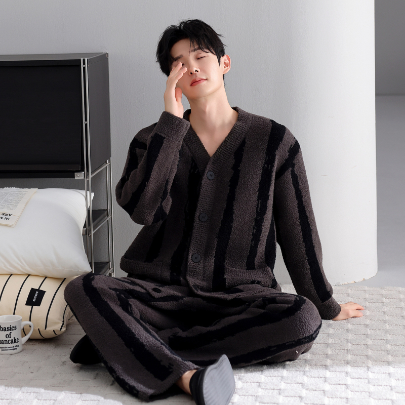 Set pijama bărbați, 100% poliester, cardigan cu decolteu în V + pantaloni, mâneci lungi, grosimea 251–300 g/m2, pentru toamnă-iarnă, purtare acasă