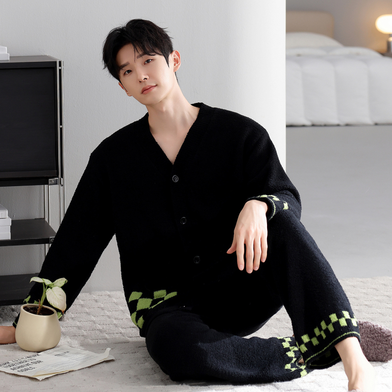 Set pijama bărbați, 100% poliester, cardigan cu decolteu în V + pantaloni, mâneci lungi, grosimea 251–300 g/m2, pentru toamnă-iarnă, purtare acasă