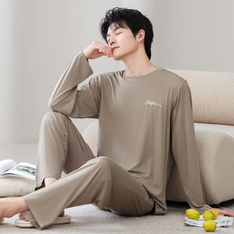 Set pijamale din modal pentru bărbați – guler rotund, mânecă lungă, grosime medie 181–200 g/m2, primăvară-toamnă