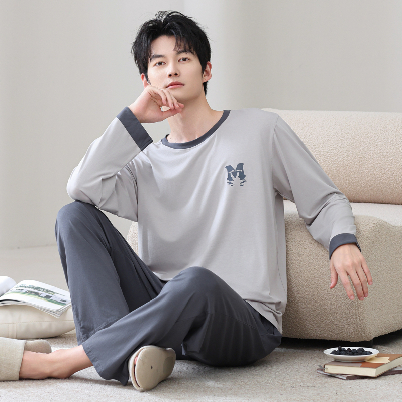 Set pijamale din modal pentru bărbați – guler rotund, mânecă lungă, grosime medie 181–200 g/m2, primăvară-toamnă