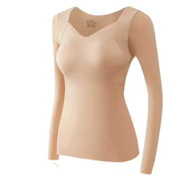Top de bază cu sutien integrat – decolteu în V, nylon, mâneci lungi, antibacterian și cald