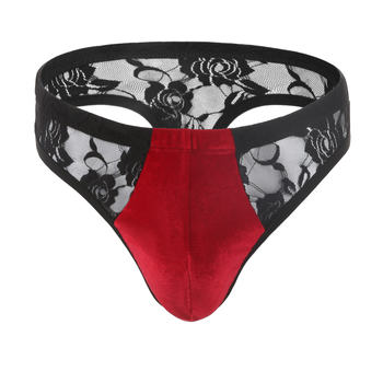 Thong masculin din dantelă – transparent, model floral, tricot respirabil, material nylon, talie medie, căptușeală de crac din spandex