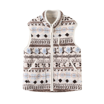 Moteriška dvipusė stora fliso liemenė su stovu apykakle, geometrinis Fair Isle raštas, retro laisvas kirpimas