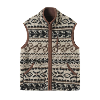 Moteriška dvipusė stora fliso liemenė su stovu apykakle, geometrinis Fair Isle raštas, retro laisvas kirpimas