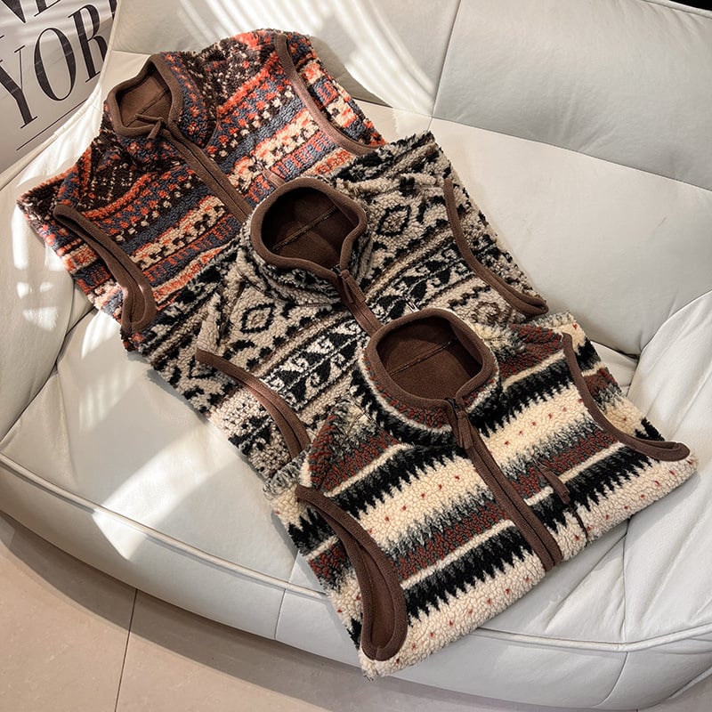 Moteriška dvipusė stora fliso liemenė su stovu apykakle, geometrinis Fair Isle raštas, retro laisvas kirpimas