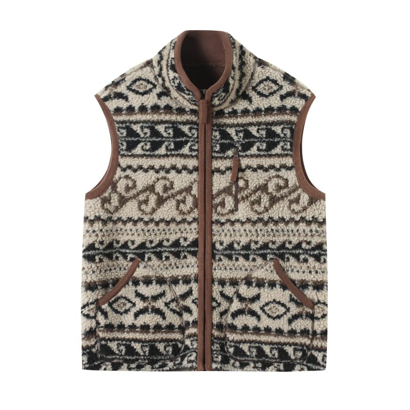 Moteriška dvipusė stora fliso liemenė su stovu apykakle, geometrinis Fair Isle raštas, retro laisvas kirpimas