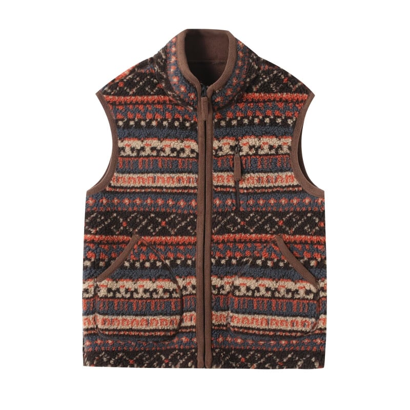 Moteriška dvipusė stora fliso liemenė su stovu apykakle, geometrinis Fair Isle raštas, retro laisvas kirpimas