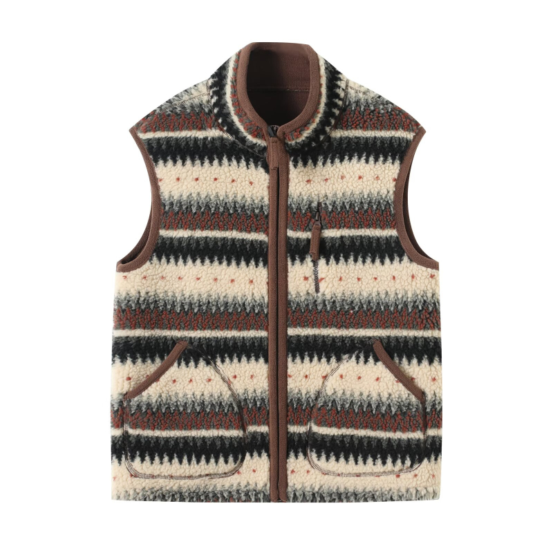 Moteriška dvipusė stora fliso liemenė su stovu apykakle, geometrinis Fair Isle raštas, retro laisvas kirpimas