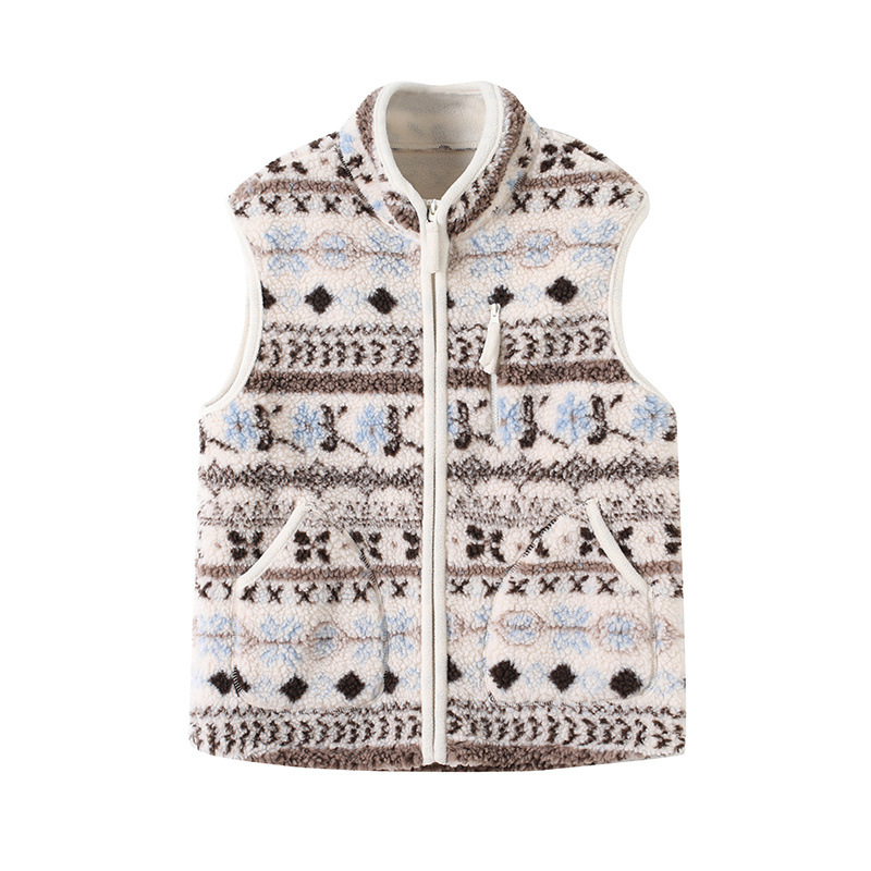 Moteriška dvipusė stora fliso liemenė su stovu apykakle, geometrinis Fair Isle raštas, retro laisvas kirpimas