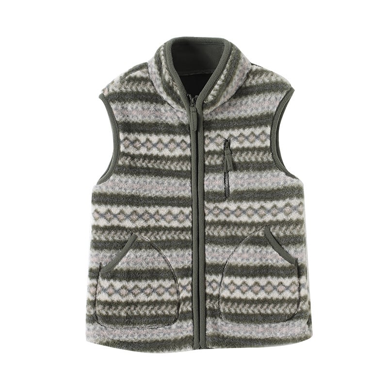 Moteriška dvipusė stora fliso liemenė su stovu apykakle, geometrinis Fair Isle raštas, retro laisvas kirpimas