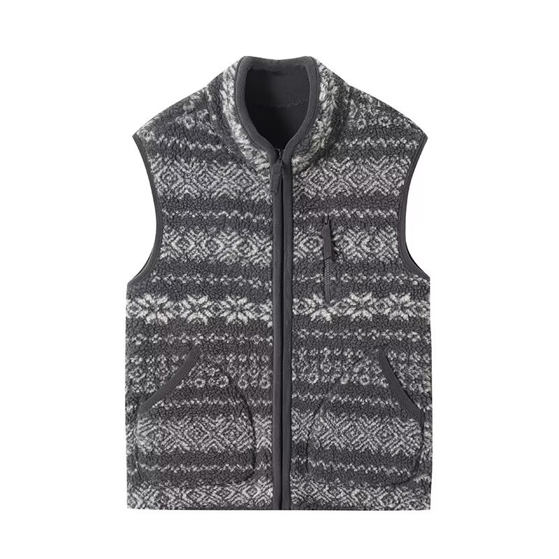 Moteriška dvipusė stora fliso liemenė su stovu apykakle, geometrinis Fair Isle raštas, retro laisvas kirpimas