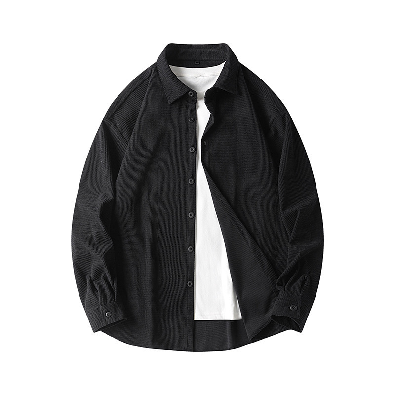 Cămașă corduroy, rever cu guler, mâneci lungi, culoare solidă, croială slim, poliester 96%+