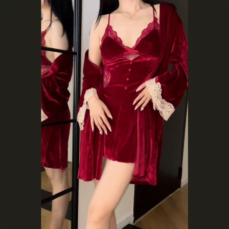 Set de pijama din catifea, două piese, cu top din dantelă cu decolteu în V, fără mâneci, rochie de noapte și halat, poliester 90–95%
