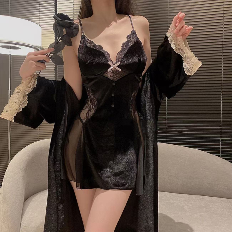 Set de pijama din catifea, două piese, cu top din dantelă cu decolteu în V, fără mâneci, rochie de noapte și halat, poliester 90–95%