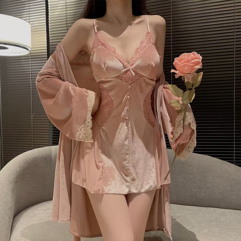 Set de pijama din catifea, două piese, cu top din dantelă cu decolteu în V, fără mâneci, rochie de noapte și halat, poliester 90–95%