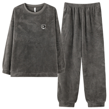 Set de pijamale din flanel pentru bărbați, grosime extra, căptușit cu fleece, pulover cu guler rotund, mâneci lungi, stil casual, haine de casă de iarnă