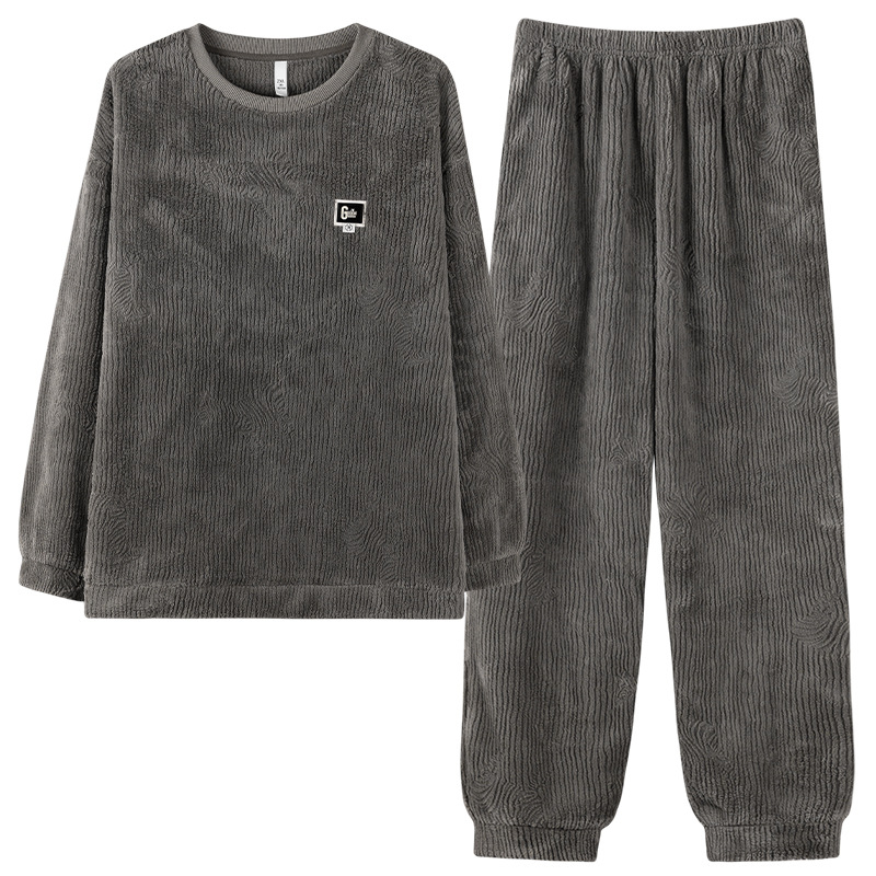 Set de pijamale din flanel pentru bărbați, grosime extra, căptușit cu fleece, pulover cu guler rotund, mâneci lungi, stil casual, haine de casă de iarnă