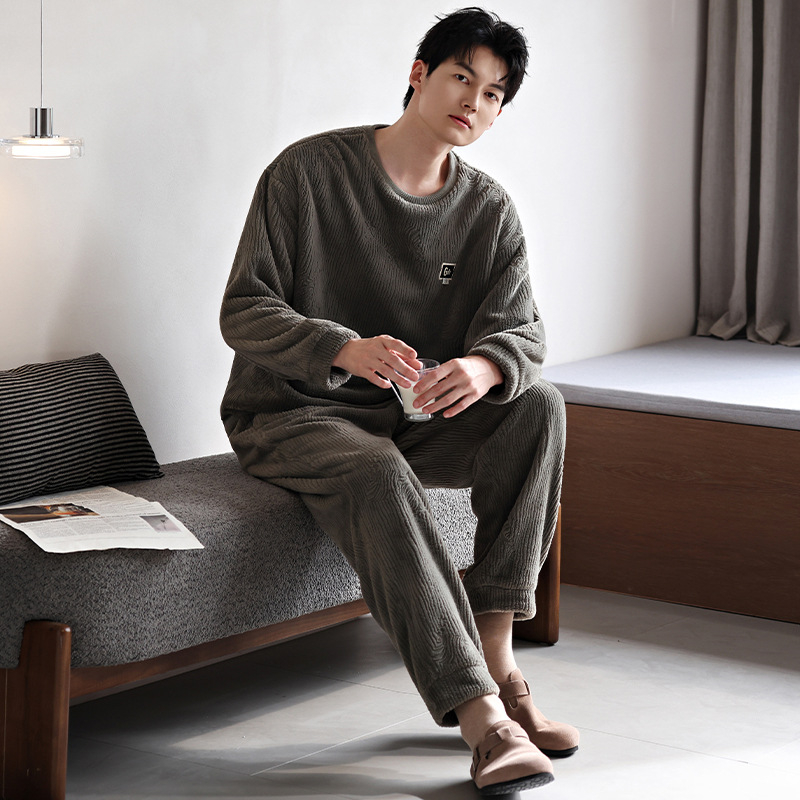 Set de pijamale din flanel pentru bărbați, grosime extra, căptușit cu fleece, pulover cu guler rotund, mâneci lungi, stil casual, haine de casă de iarnă