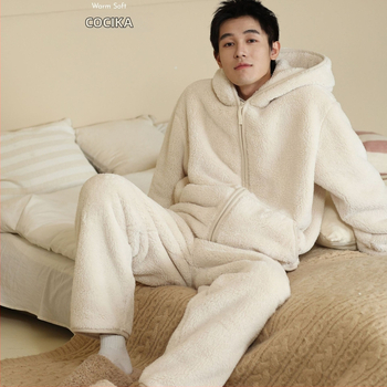 Vīriešu bieza kapucēta velūra pidžama komplekts – kardigāns, minimalistisks un ikdienas stila; V-veida kakla izgriezums, ekstra bieza 401–500 g/m²