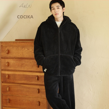 Vīriešu bieza kapucēta velūra pidžama komplekts – kardigāns, minimalistisks un ikdienas stila; V-veida kakla izgriezums, ekstra bieza 401–500 g/m²