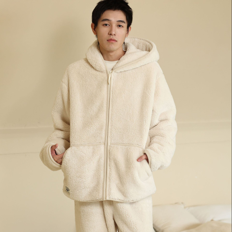 Vīriešu bieza kapucēta velūra pidžama komplekts – kardigāns, minimalistisks un ikdienas stila; V-veida kakla izgriezums, ekstra bieza 401–500 g/m²