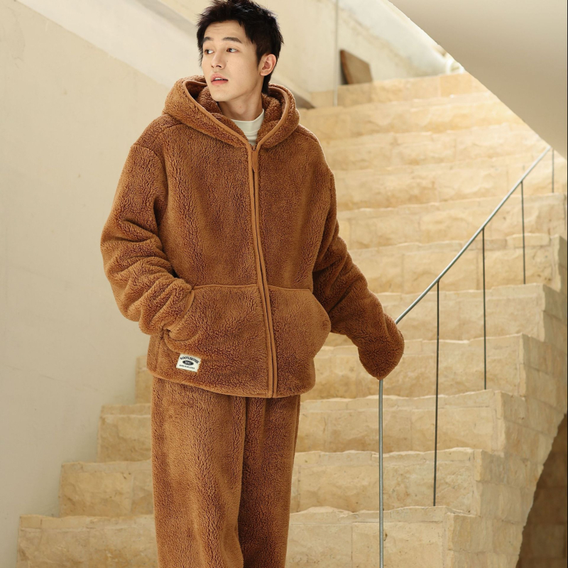 Vīriešu bieza kapucēta velūra pidžama komplekts – kardigāns, minimalistisks un ikdienas stila; V-veida kakla izgriezums, ekstra bieza 401–500 g/m²