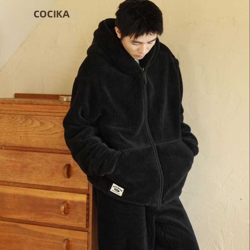 Vīriešu bieza kapucēta velūra pidžama komplekts – kardigāns, minimalistisks un ikdienas stila; V-veida kakla izgriezums, ekstra bieza 401–500 g/m²