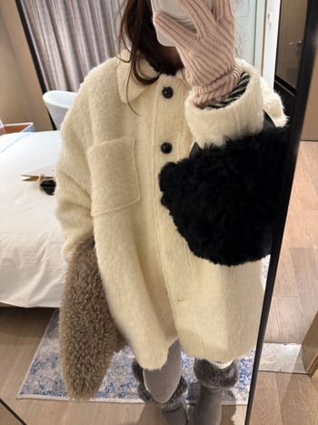 Sieviešu vilnas maisījuma mētelis, brīvs piegriezums, vidēja garuma, bieza siltums, japāņu-korejiešu brīvā stila, 50-70% vilna