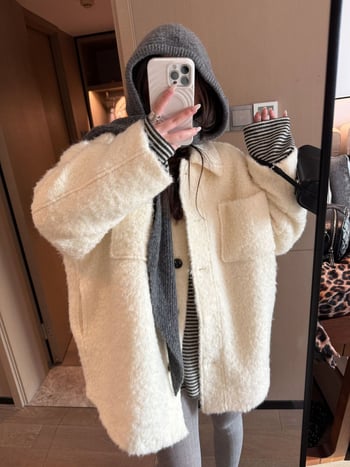 Sieviešu vilnas maisījuma mētelis, brīvs piegriezums, vidēja garuma, bieza siltums, japāņu-korejiešu brīvā stila, 50-70% vilna