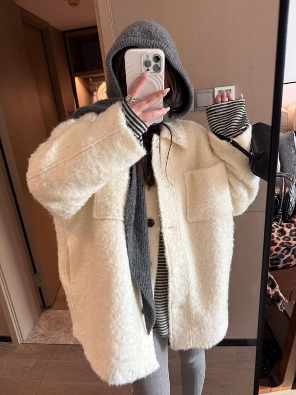 Sieviešu vilnas maisījuma mētelis, brīvs piegriezums, vidēja garuma, bieza siltums, japāņu-korejiešu brīvā stila, 50-70% vilna