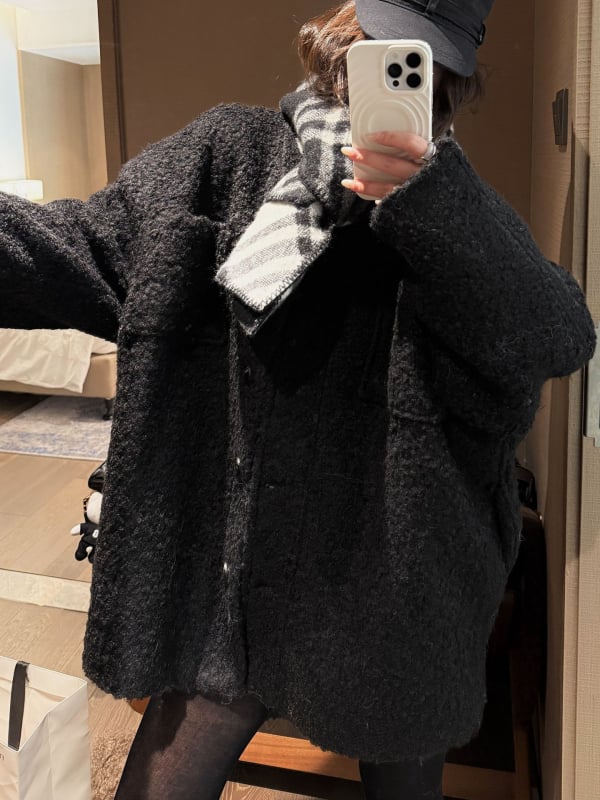 Sieviešu vilnas maisījuma mētelis, brīvs piegriezums, vidēja garuma, bieza siltums, japāņu-korejiešu brīvā stila, 50-70% vilna