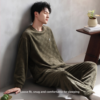 Vīriešu flaneļa pidžamu komplekts, apaļā kakla, garās piedurknes, ekstra bieza 301–350 g/m², 100% poliesters, ērtas mājas apģērbs, der arī ārpus mājas