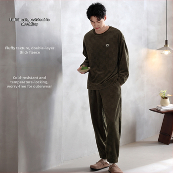 Vīriešu flaneļa pidžamu komplekts, apaļā kakla, garās piedurknes, ekstra bieza 301–350 g/m², 100% poliesters, ērtas mājas apģērbs, der arī ārpus mājas
