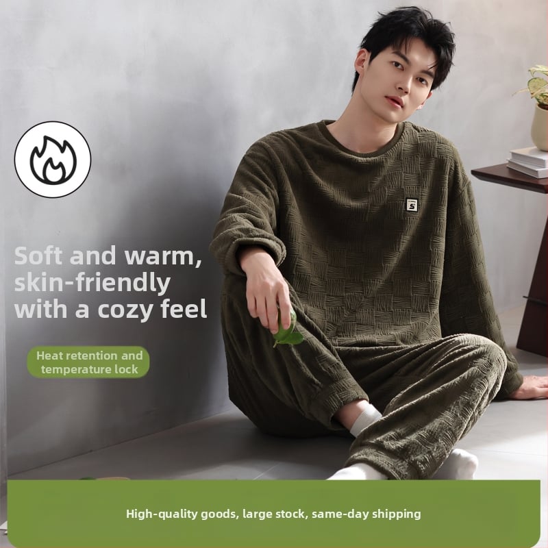 Vīriešu flaneļa pidžamu komplekts, apaļā kakla, garās piedurknes, ekstra bieza 301–350 g/m², 100% poliesters, ērtas mājas apģērbs, der arī ārpus mājas