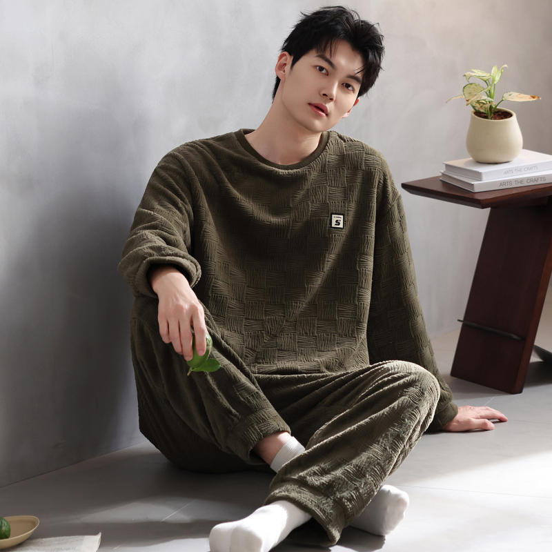 Vīriešu flaneļa pidžamu komplekts, apaļā kakla, garās piedurknes, ekstra bieza 301–350 g/m², 100% poliesters, ērtas mājas apģērbs, der arī ārpus mājas