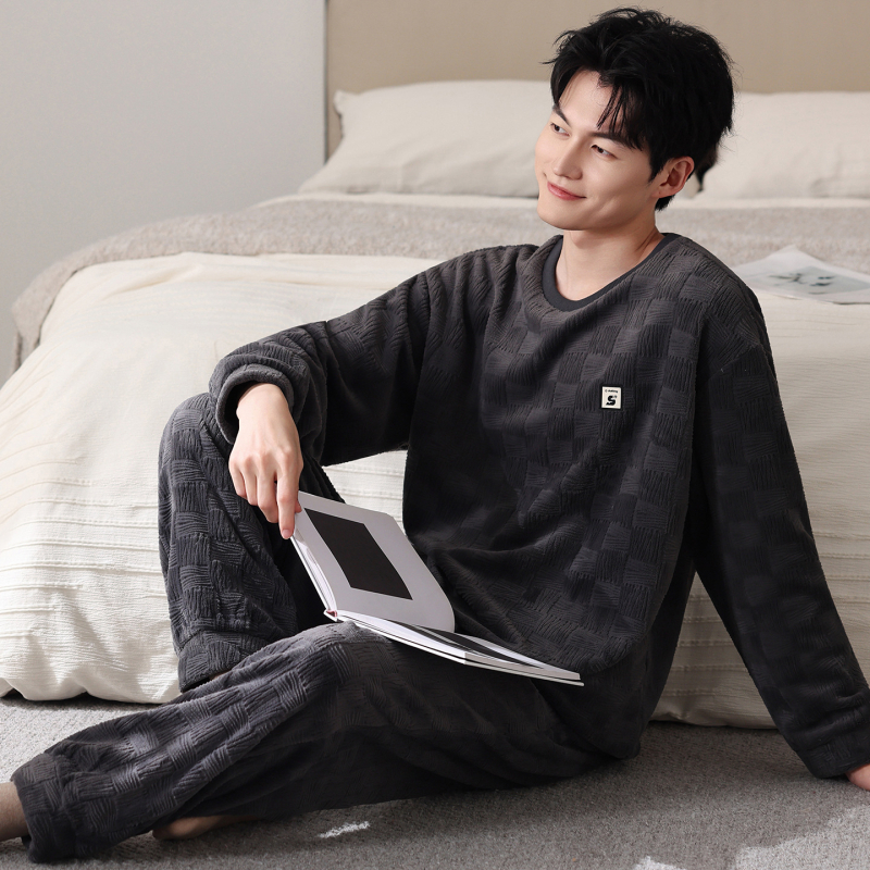 Vīriešu flaneļa pidžamu komplekts, apaļā kakla, garās piedurknes, ekstra bieza 301–350 g/m², 100% poliesters, ērtas mājas apģērbs, der arī ārpus mājas