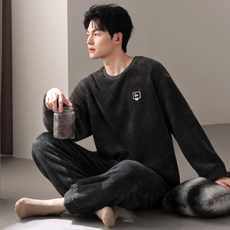 Vīriešu flaneļa pidžamu komplekts, apaļā kakla, garās piedurknes, ekstra bieza 301–350 g/m², 100% poliesters, ērtas mājas apģērbs, der arī ārpus mājas